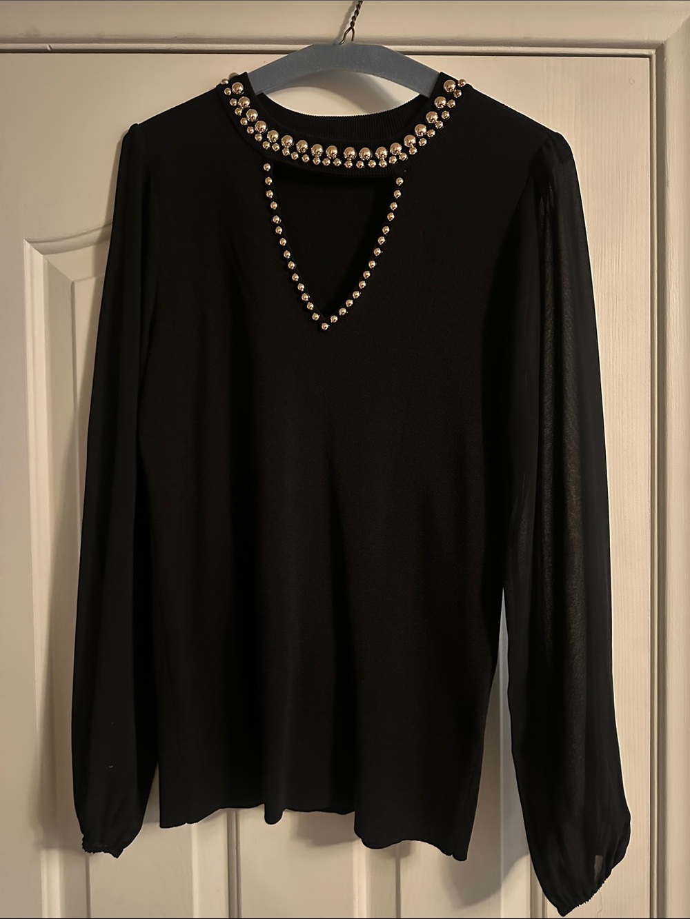 INC International Concepts Black Long-Sleeve Jewel Accent Top